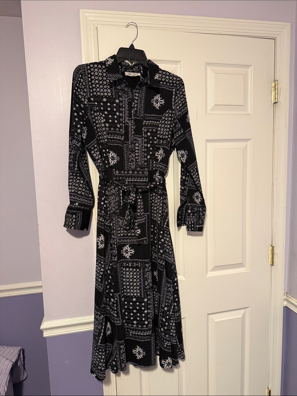 Miss Finch — Black Printed Long Sleeve Shirt Dress with Waist Tie
